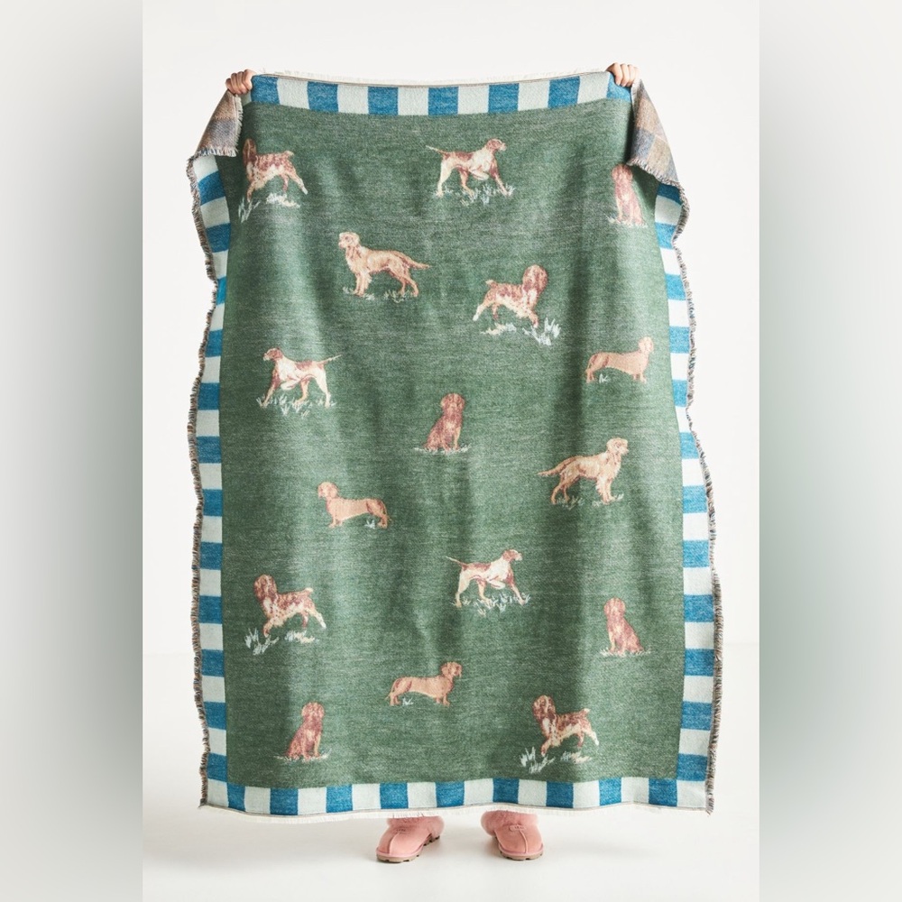 Anthropologie Green Dog Pattern Knit Throw with Blue Stripe Border